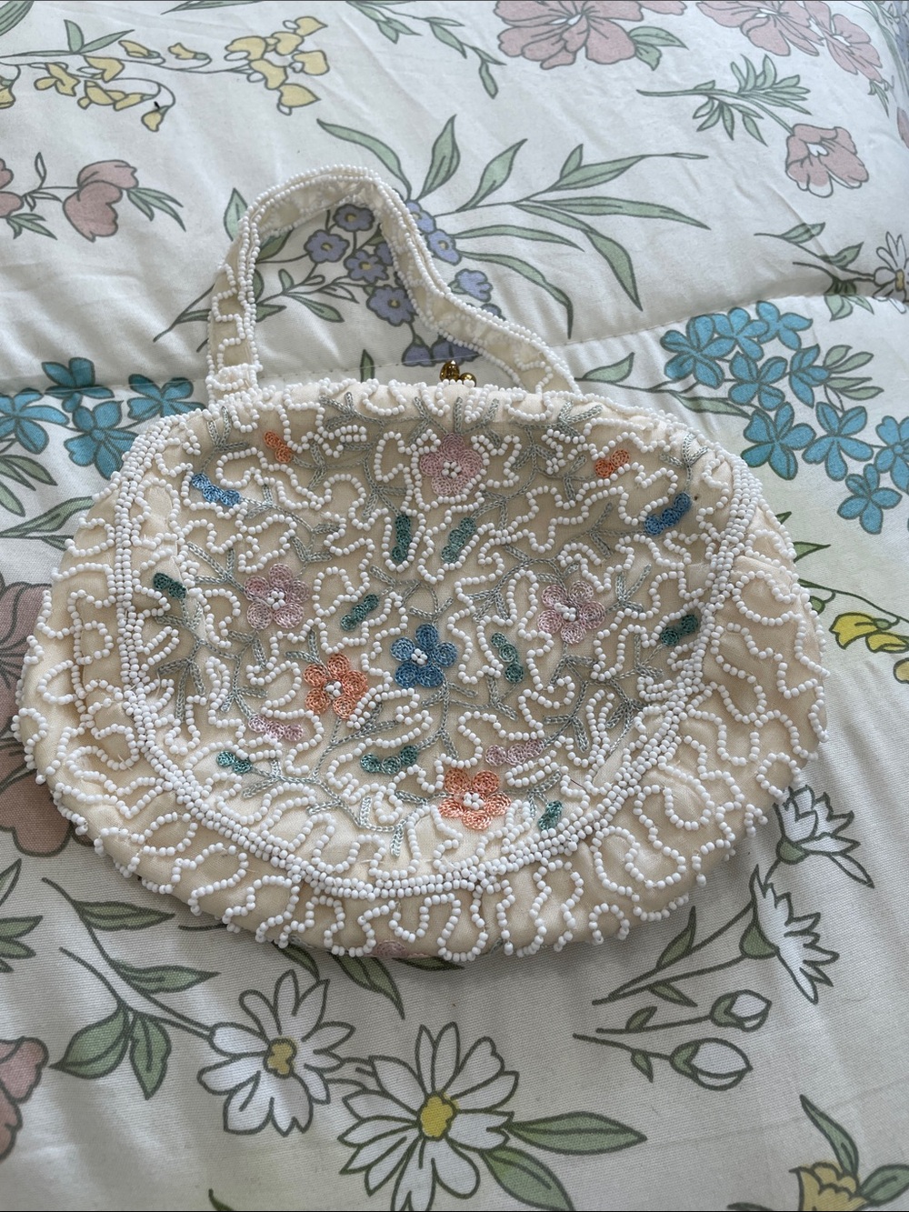 Ivory Beaded Mini Handbag with Pastel Floral Embroidery
